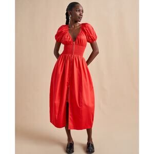 KATIENYC La Ligne Celina Shirred Cotton-Poplin Smocked Midi Dress In Poppy Red
